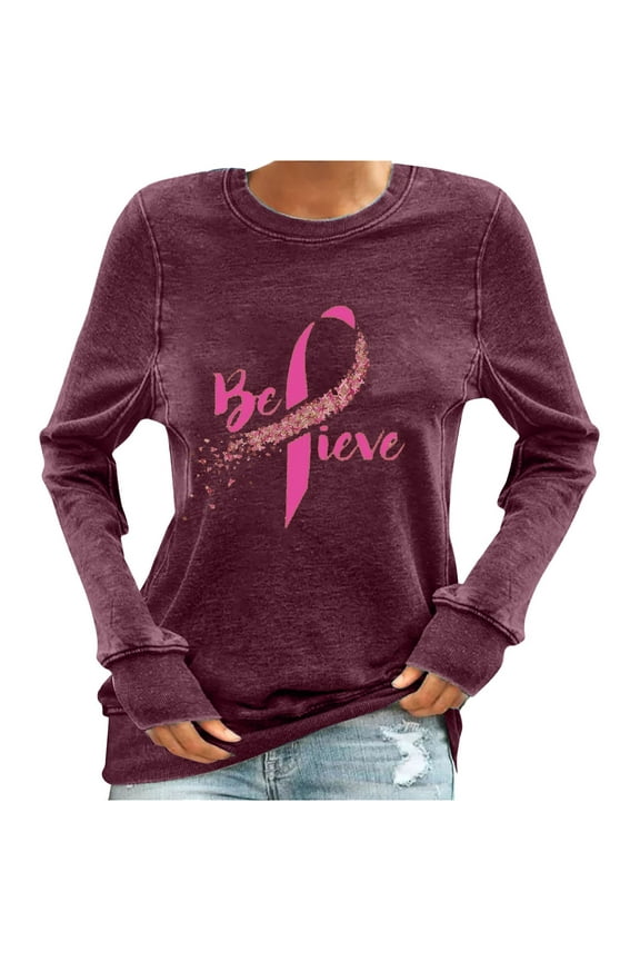 Cancer Shirts for Women 2025 Crewneck Sweatshirts Breast Cancer Awareness Tshirt Pink Ribbon Survivor T-Shirts Inspirational Long Sleeve Tops Pullovers