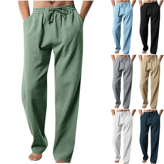 Fanxing Casual Dress Pants Mens Linen Pants Lightweight Summer Beach Pant Straight Leg Distressed Bottoms Army Green,L