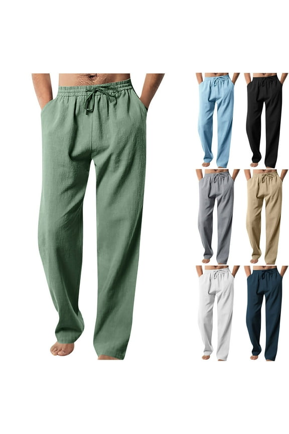 Casual Dress Pants Mens Linen Pants Lightweight Summer Beach Pant Straight Leg Distressed Bottoms Army Green,M