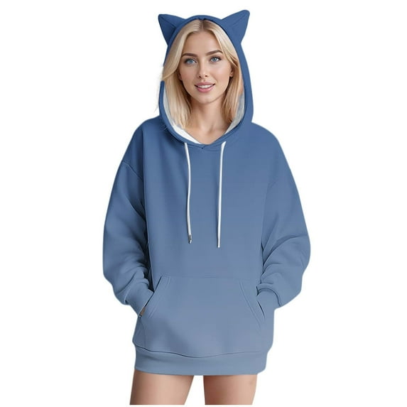Fanxing Cat Hoodies for Women Teen Girls Oversized Fleece Drawstring Sweatshirt Fashion Gradient Long Sleeve Pullover Cute Sweater Navy 2XL