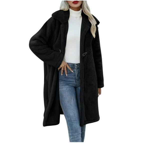 Fanxing Christmas Deals Womens Fuzzy Warm Winter Cardigan Coats Notch Collar Long Sleeve Trench Coat Christmas Gift Clearance 2025 Black,S