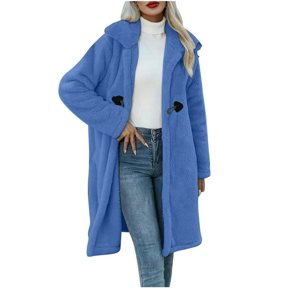 Fanxing Christmas Deals Womens Fuzzy Warm Winter Cardigan Coats Notch Collar Long Sleeve Trench Coat Christmas Gift Clearance 2025 Blue,XXL