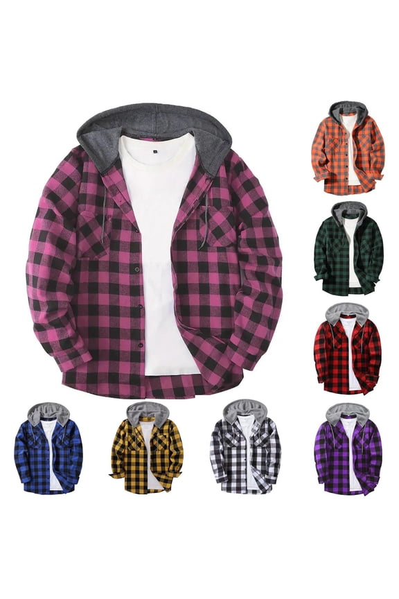 Christmas Gifts For Men Under $5 Men's Casual Button Down Shirts Plaid Hoodies Patchwork Hooded Long Sleeve Plaid Shirts Blue,M