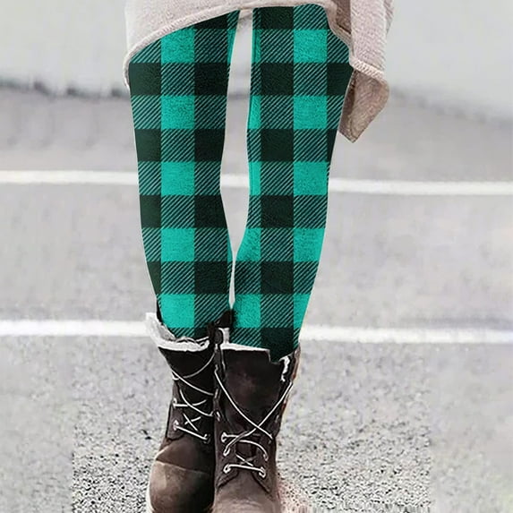 Fanxing Christmas Leggings for Women High Waisted Tummy Control Stretchy Yoga Pants Plaid Workout Running Bottom Mint Green XL