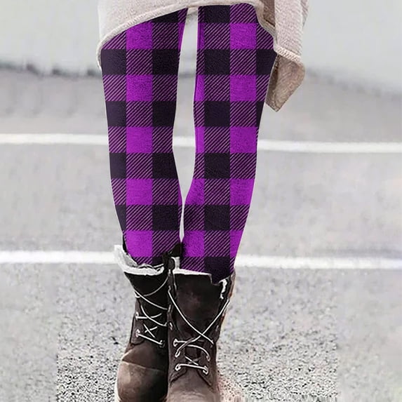 Fanxing Christmas Leggings for Women High Waisted Tummy Control Stretchy Yoga Pants Plaid Workout Running Bottom Purple XL