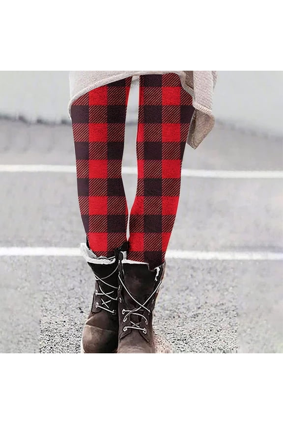 Christmas Leggings for Women High Waisted Tummy Control Stretchy Yoga Pants Plaid Workout Running Bottom Red S