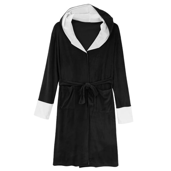 Fanxing Christmas Robes for Women Plush Fleece Hooded Bathrobe, Plus Size Thick Warm Long Robe Sleepwear with Pocket Black L