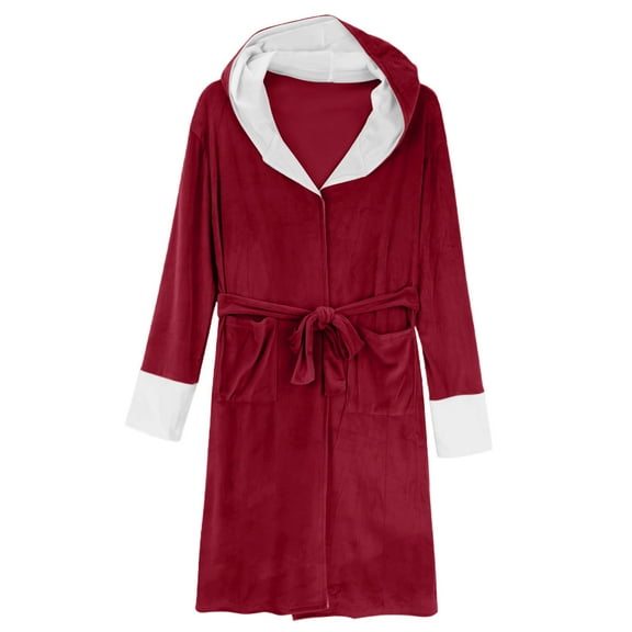 Fanxing Christmas Robes for Women Plush Fleece Hooded Bathrobe, Plus Size Thick Warm Long Robe Sleepwear with Pocket Red XL