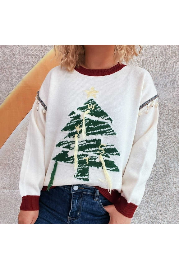 Christmas Sweater for Teen Girl Crewneck Christmas Tree Graphic Knit Lightweight Pullover Jumper Tops Trendy Gift Thermal Preppy Clothes White M