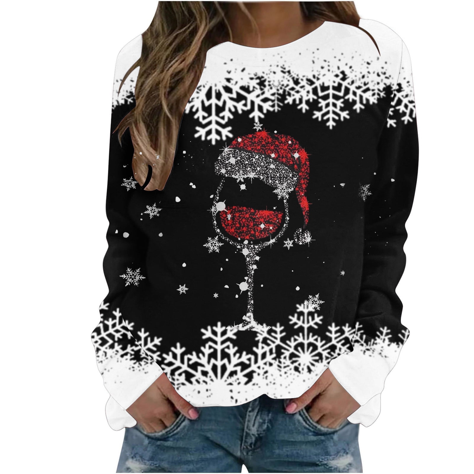 Ugly Christams Sweatshirt Loose Tunic Trendy Western Tops for Ladies V-Neck  Pullover Long Sleeve T Shirts Plus Size Tops Womens Fall Fashion Red Wine  Glass Santa Hat Graphic Sweatshirts Army Green XL 