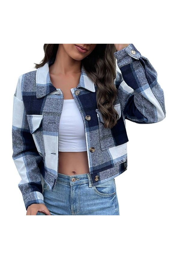 Women Plaid Cropped Jacket Button Down Woolen Blend Short Jackets Coats Flannel Shirt Jacket Warm Shacket Outerwear S,M,L,XL