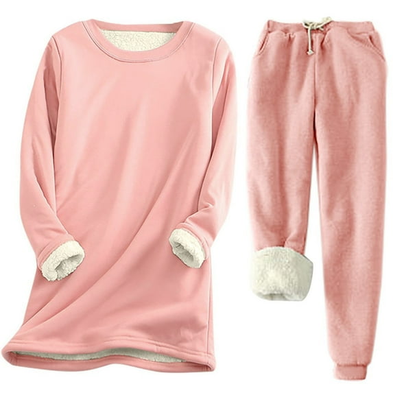 Fanxing Women Warm Fleece Lined Outfits Crewneck Casual Long Sleeve Top with Pants Soft Fuzzy Pajamas Sets Christmas Gift