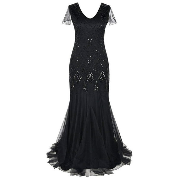 Fanxing Vintage 50s Sequin Dress for Women Mesh Lace V Neck Glitter Dresses Short Sleeve Sequin Bridesmaid Dress Maxi Evening Prom Dresses