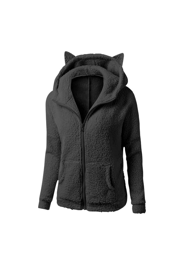 Women Cute Cat Ear Hooded Jackets Full Zip Sherpa Lined Jacket Coat Trendy Fleece Zipper Hoodies Sweatshirts Black L