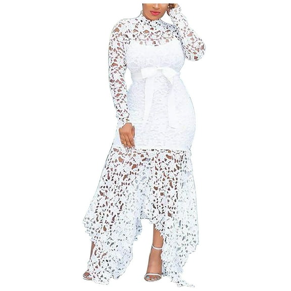 Fanxing Women Plus Size Lace Tulle Dress Hollow Out Long Sleeve Lace Mermaid Dress Fall Ruffled High Low Irregular Cocktail Party Gowns