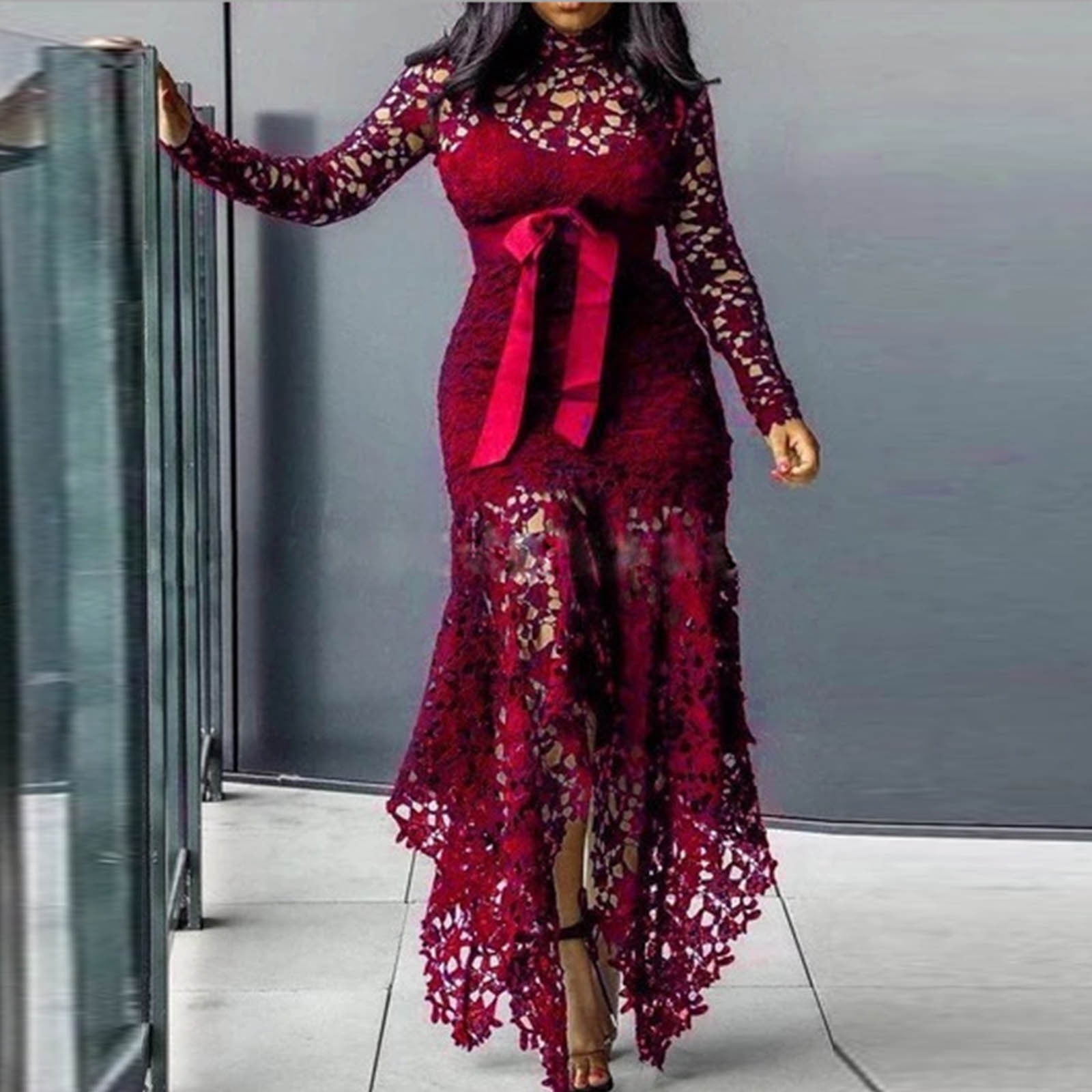 Fanxing Women Plus Size Lace Tulle Dress Hollow Out Long Sleeve Lace  Mermaid Dress Fall Ruffled High Low Irregular Cocktail Party Gowns -  Walmart.com