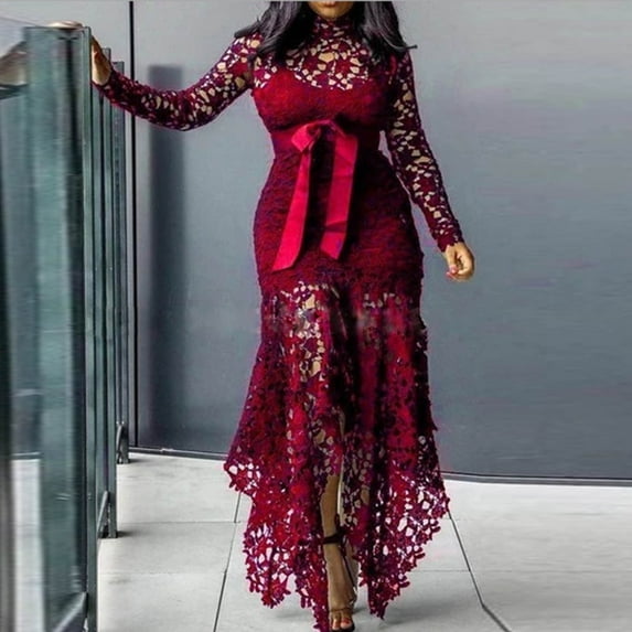 Fanxing Women Plus Size Lace Tulle Dress Hollow Out Long Sleeve Lace Mermaid Dress Fall Ruffled High Low Irregular Cocktail Party Gowns