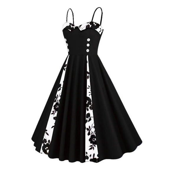 Fanxing ChristmasDeals Clearance Women Vintage 1950s Retro Dress Spaghetti Strap Swing Cocktail Party Dress Rockabilly A-line Midi Dress Black,XXL