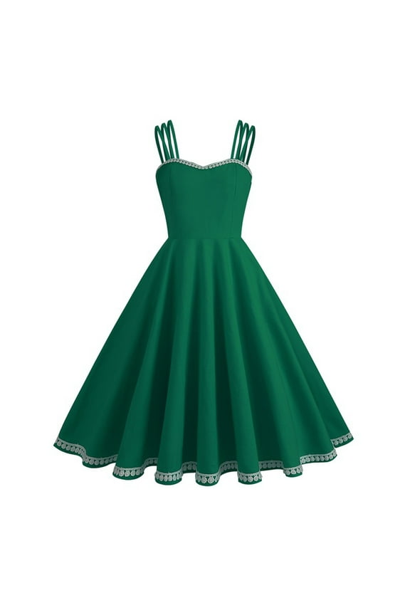 Women Vintage 1950s Retro Dress Spaghetti Strap Swing Cocktail Party Dress Rockabilly A-line Midi Dress Green,L