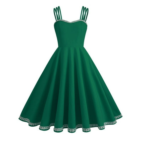 Fanxing ChristmasDeals Clearance Women Vintage 1950s Retro Dress Spaghetti Strap Swing Cocktail Party Dress Rockabilly A-line Midi Dress Green,M