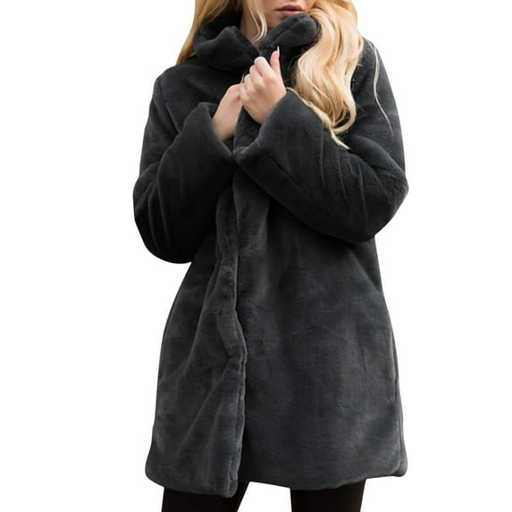 Fanxing Women Winter Sherpa Warm Coat Fur Fleece Open Front Cardigan Fluffy Long Coat Outerwear Black XXL Christmas Gift