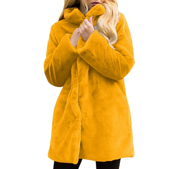 Fanxing ChristmasDeals Clearance Women Winter Sherpa Warm Coat Faux Fur Fleece Open Front Cardigan Fluffy Long Coat Outerwear Yellow XXXL Christmas Gift Clearance 2025