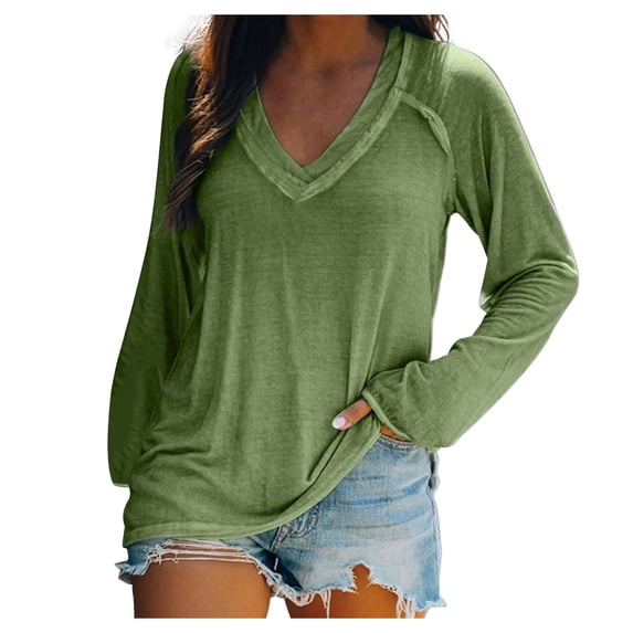 Fanxing V Neck T Shirts for Women Long Sleeve Shirts Mexican Blouse Dressy Casual Loose Fit Western Shirts Going Out Womens Clothing Spring 2025 Christmas Gift
