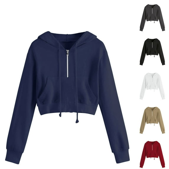 Fanxing Clearance 2025 Teen Girls Half Zip Up Cropped Hoodies Sweatshirt Plus Size Solid Color Crop Drawstring Hooded Long Sleeve Jacket Coats for Juniors Gray,XXL