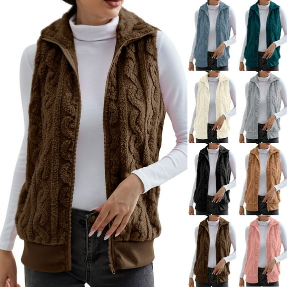 Fanxing Clearance 2025 Womens Fuzzy Sherpa Fleece Jacket Plus Size Lightweight Vest Coat Cozy Sleeveless Cardigan Zipper Waistcoat Outerwear with Pocket Black,XL