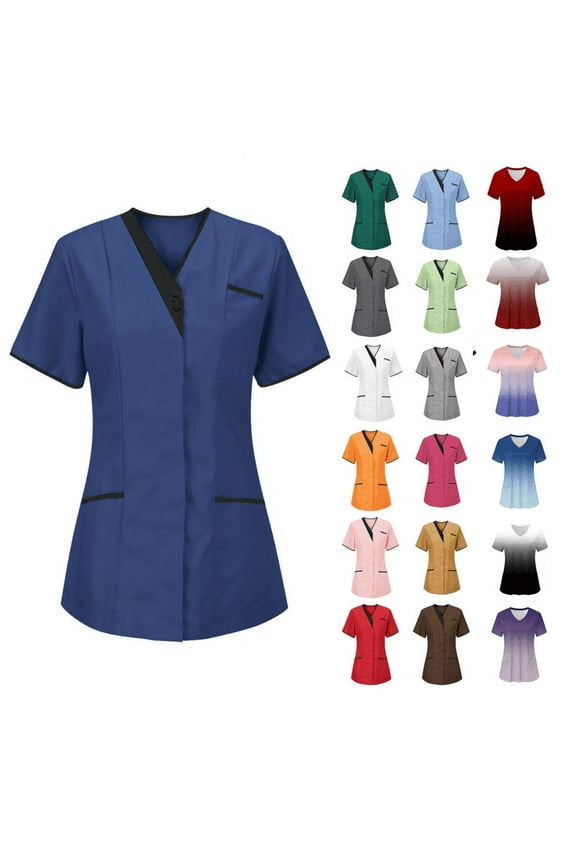 Clearance 2025 Wrinkle-Free Scrubs Tops for Women Hot Pink V Neck Nurse Uniform Short Sleeve Blouse Modern Fit Scrub Shirts Workwear S-3XL