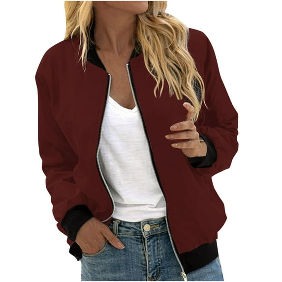 Fanxing Clearance 2025 Zipper Bomber Jacket for Teen Girls Lightweight Baseball Jackets Coats Fall Casual Crop Tops Outwear Wine XXL