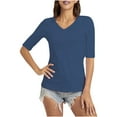 thumbnail image 1 of Fanxing 2025 Elbow Length Sleeve Tshirts Women's Plus Size Tops White V Neck T-Shirts Dressy Casual Tunic Blouses Dark Blue,XL, 1 of 7