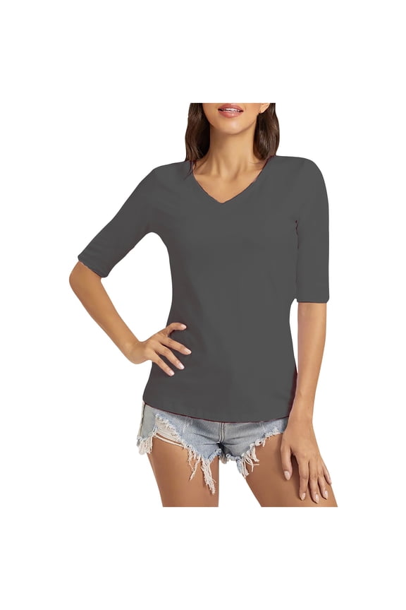 2025 Elbow Length Sleeve Tshirts Women's Plus Size Tops White V Neck T-Shirts Dressy Casual Tunic Blouses Dark Gray,XXL