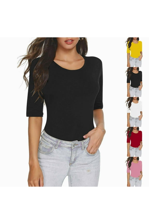 2025 Elbow Length Sleeve Tshirts Women's Plus Size Tops White V Neck T-Shirts Dressy Casual Tunic Blouses Red,XL