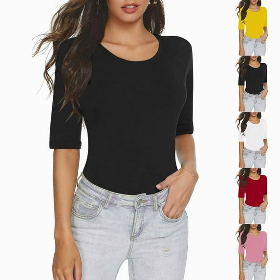 Fanxing 2025 Elbow Length Sleeve Tshirts Women's Plus Size Tops White V Neck T-Shirts Dressy Casual Tunic Blouses Yellow,L