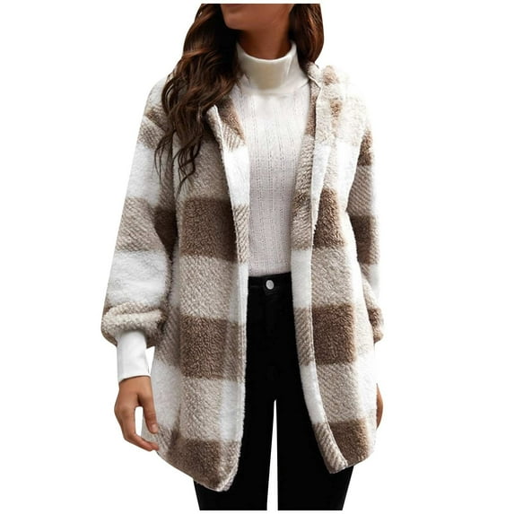 Fanxing 2025 Womens Buffalo Plaid Cardigans Long Sleeve Elbow Patch Draped Open Front Cardigan Shirt Flannel Jacket Coat Cozy Knit Sweater Outwear