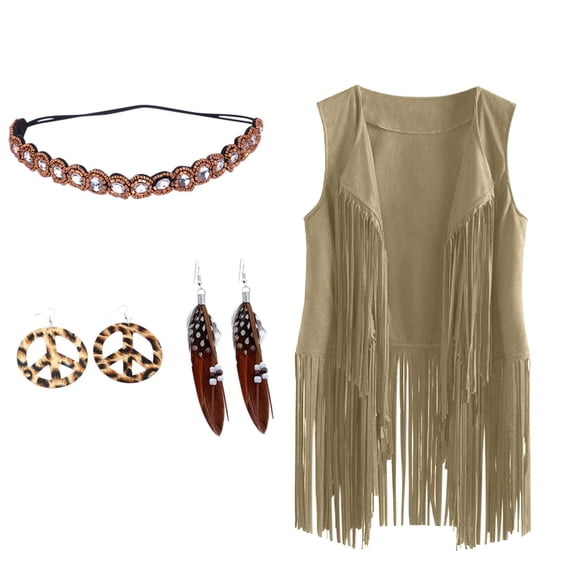 Fanxing Clearance Deals 4 Pcs 60s 70s Outfits for Women Hippie Costume Set Earring Headband Fringe Vest Tassel Cardigan Halloween Costume Accessories Fringe Vest 2 Pairs Earring 1 Pc Necklace