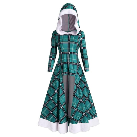 Fanxing Clearance Deals Cloak Dress for Women Plaid Hood Halloween Gothic Dresses with Corset High Low Vintage Goth Punk Fared Long Dress Green M