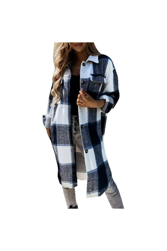 Women's Flannel Trench Coats Plaid Shacket Jackets Long Sleeve Mid Length Pea Coats Lapel Wool Blend Tartan Outwear
