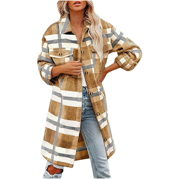 Fanxing Women's Flannel Trench Coats Plaid Shacket Jackets Long Sleeve Mid Length Pea Coats Lapel Wool Blend Tartan Outwear
