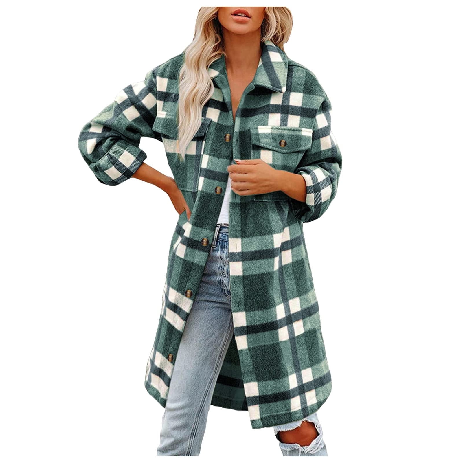 Fanxing Women's Flannel Trench Coats Plaid Shacket Jackets Long Sleeve ...