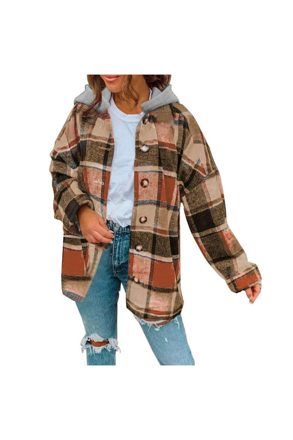 Women's Flannel Trench Coats Plus Plaid Shacket Jackets Long Sleeve Mid Length Pea Coats Lapel Wool Blend Tartan Cardigan Jacket Fall Winter Coat Outerwear