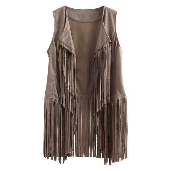 Fanxing Women's Suede Vest Vintage Western Fringed Sleeveless Jackets Open Front Waistcoat Fall Cardigan Lightweight Outwear
