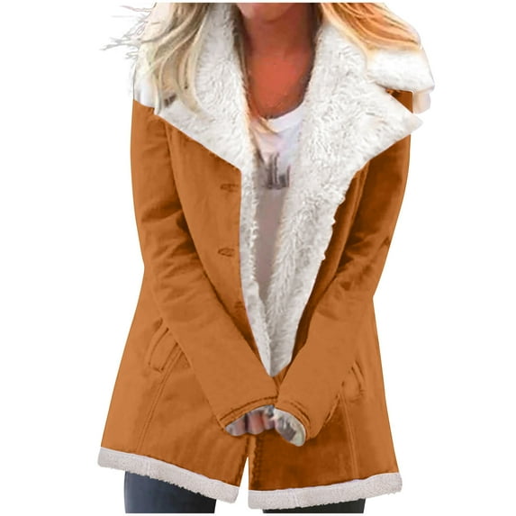 Fanxing Clearance Deals Womens Fluffy Winter Jackets Button Down Fleece Lined Trench Coats Warm Sherpa Fleece Notched Lapel Oversized Overcoat 2025 Savings