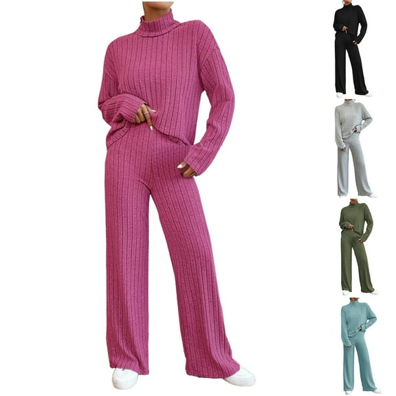 Fanxing Womens Lounge Sets Turtleneck Tops with Pants 2 Piece Outfit Lounge Wear Long Sleeve Pullover Wide Leg Pant Tracksuit Loungewear