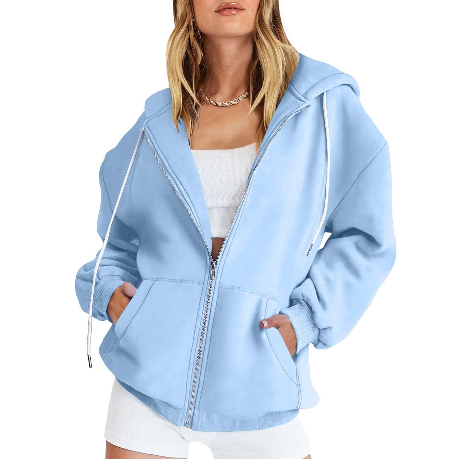 Fanxing Clearance Jacket for Women, Full Zipper Plus Size Hooded Sweatshirt Pure Color Zip Up