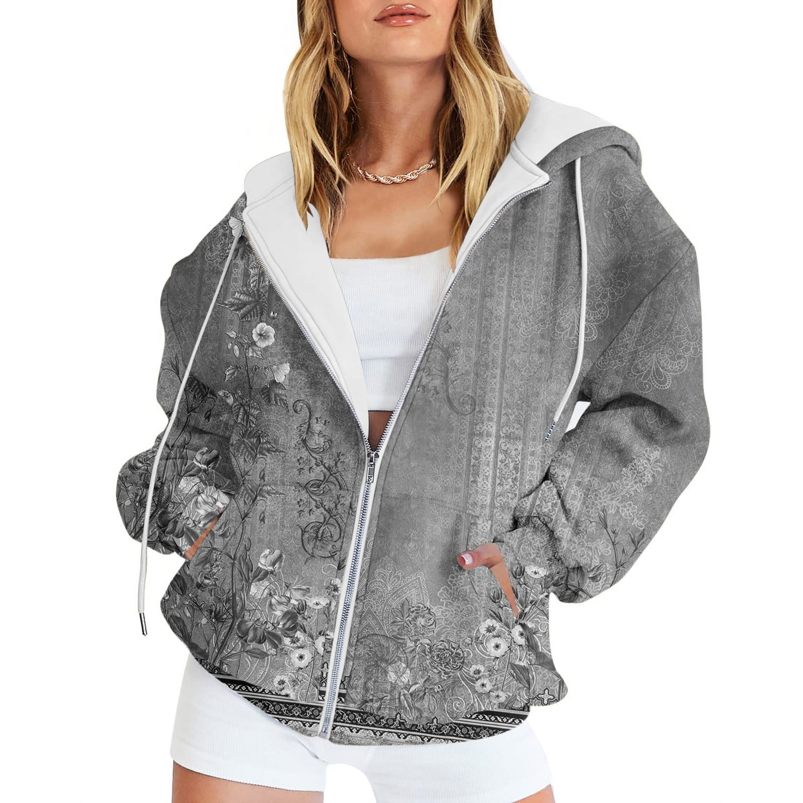 Fanxing Clearance Jacket for Women, Full Zipper Plus Size Hooded Sweatshirt Vintgae Printed Zip