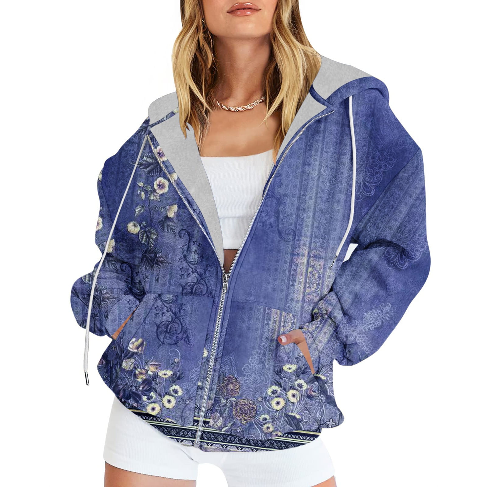 Fanxing Clearance Jacket for Women, Full Zipper Plus Size Hooded Sweatshirt Vintgae Printed Zip