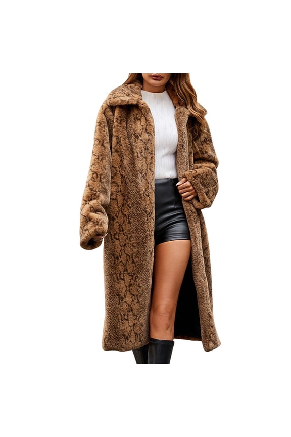 Clearance Plus Size Fuzzy Coats for Women Leopard Faux-Fur Coats Long Sleeve Warm Winter Shaggy Party Coat Fluffy Solid Color Long Cardigan Outwear