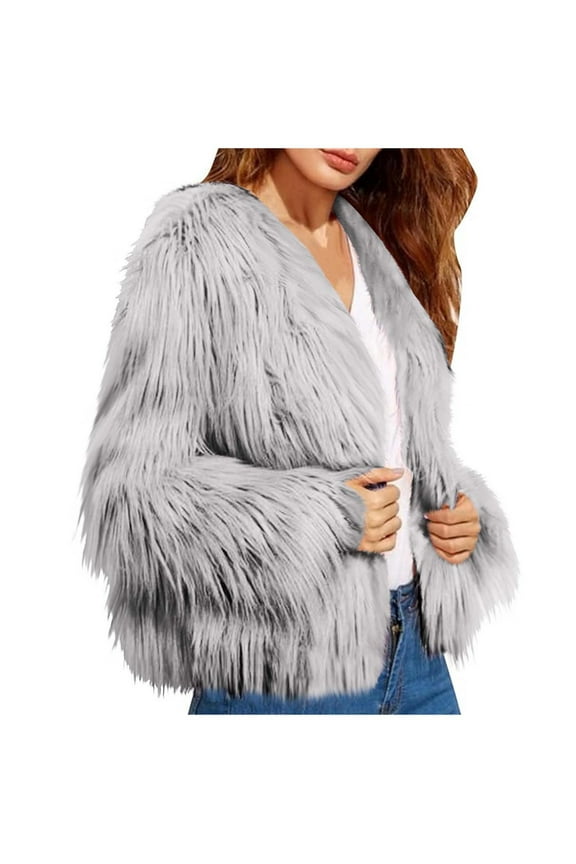 Clearance Plus Size Fuzzy Jackets for Women Faux-Fur Coats Long Sleeve Warm Winter Shaggy Party Coat Fluffy Solid Color Crop Cardigan Outwear